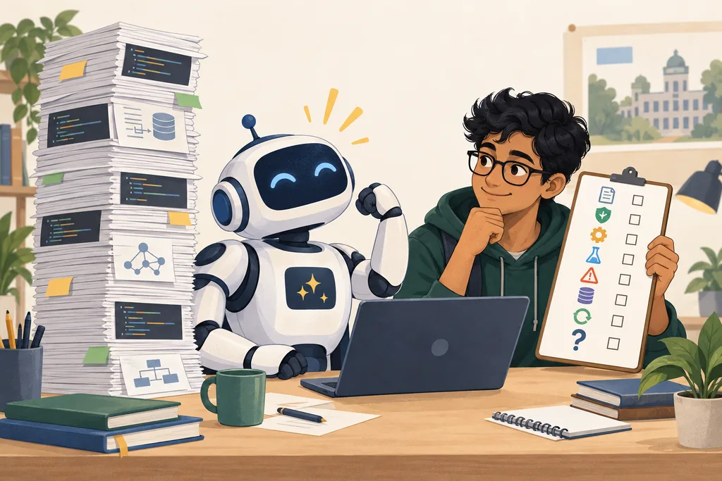 A proud AI teammate presents a tall stack of generated code while a student checks requirements, security, tests, failures, data and recovery.